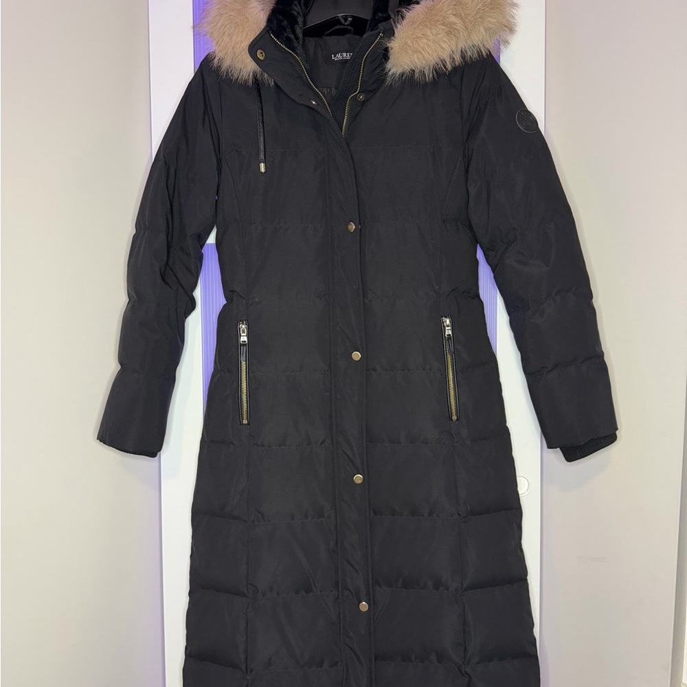 Ralph Lauren Black Puffer Coat with Fur Trim